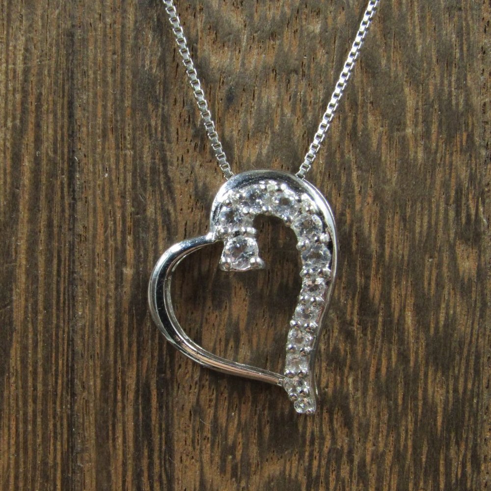18" Sterling Silver Very Light Aquamarine Heart Pendant Necklace Vintage - Picture 1 of 7